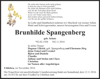 Traueranzeige von Brunhilde Spangenberg von Thüringer Allgemeine