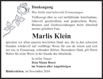 Traueranzeige von Marlis Klein von Thüringer Allgemeine, Thüringische Landeszeitung