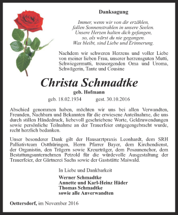 Traueranzeige von Christa Schmadtke von Ostthüringer Zeitung