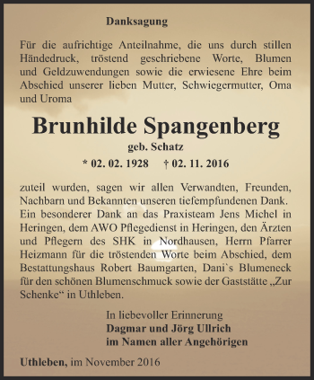 Traueranzeige von Brunhilde Spangenberg von Thüringer Allgemeine