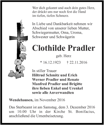 Traueranzeige von Clothilde Pradler von Thüringer Allgemeine, Thüringische Landeszeitung