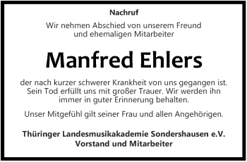 Traueranzeige von Manfred Ehlers von Thüringer Allgemeine