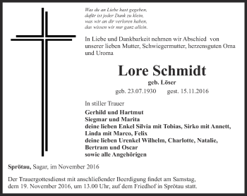 Traueranzeige von Lore Schmidt von Thüringer Allgemeine