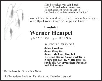 Traueranzeige von Werner Hempel von Ostthüringer Zeitung