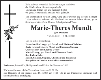 Traueranzeige von Marie-Theres Mundt von Thüringer Allgemeine