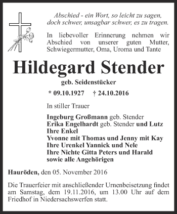 Traueranzeige von Hildegard Stender von Thüringer Allgemeine