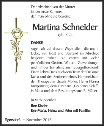 Traueranzeige von Martina Schneider von Ostthüringer Zeitung, Thüringische Landeszeitung