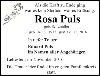 Traueranzeige von Rosa Puls von Ostthüringer Zeitung