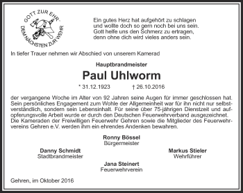 Traueranzeige von Paul Uhlworm von Thüringer Allgemeine