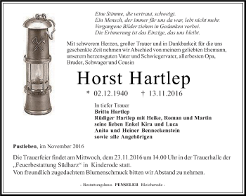 Traueranzeige von Horst Hartlep von Thüringer Allgemeine