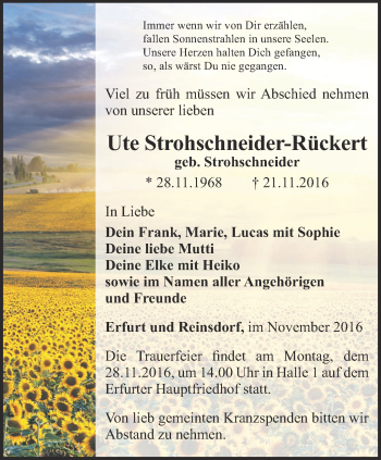 Traueranzeige von Ute Strohschneider-Rückert von Thüringer Allgemeine, Thüringische Landeszeitung