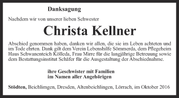 Traueranzeige von Christa Kellner von Thüringer Allgemeine