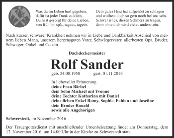 Traueranzeige von Rolf Sander von Thüringer Allgemeine