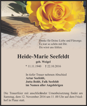 Traueranzeige von Heide-Marie Seefeld von Thüringer Allgemeine