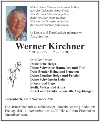 Traueranzeige von Werner Kirchner von Thüringer Allgemeine