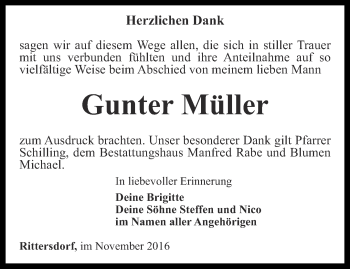 Traueranzeige von Gunter Müller von Thüringer Allgemeine, Thüringische Landeszeitung