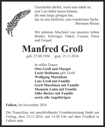 Traueranzeige von Manfred Groß von Thüringer Allgemeine, Thüringische Landeszeitung