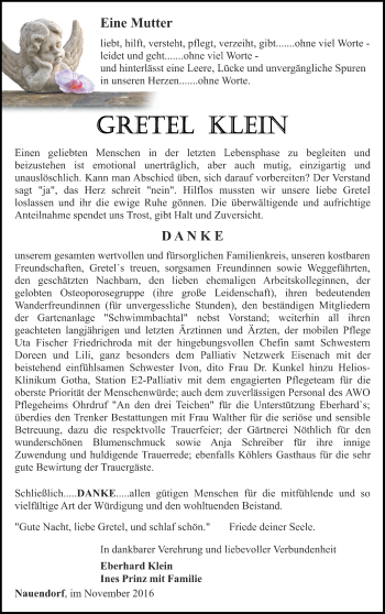 Traueranzeige von Gretel Klein von Ostthüringer Zeitung, Thüringische Landeszeitung