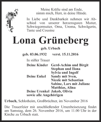 Traueranzeige von Lona Grüneberg von Thüringer Allgemeine, Thüringische Landeszeitung