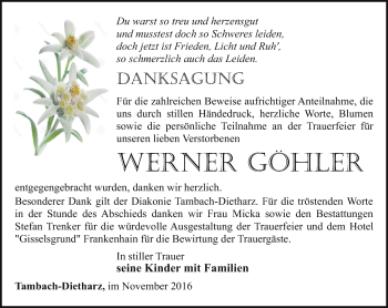 Traueranzeige von Werner Göhler von Ostthüringer Zeitung, Thüringische Landeszeitung