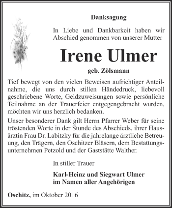 Traueranzeige von Irene Ulmer von Ostthüringer Zeitung