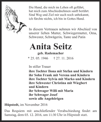 Traueranzeige von Anita Seitz von Thüringer Allgemeine, Thüringische Landeszeitung