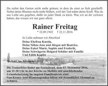 Traueranzeige von Rainer Freitag von Ostthüringer Zeitung