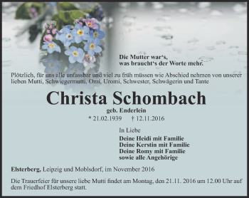 Traueranzeige von Christa Schombach von Ostthüringer Zeitung