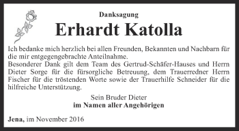 Traueranzeige von Erhardt Katolla von Ostthüringer Zeitung, Thüringische Landeszeitung