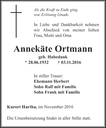 Traueranzeige von Annekäte Ortmann von Ostthüringer Zeitung, Thüringische Landeszeitung