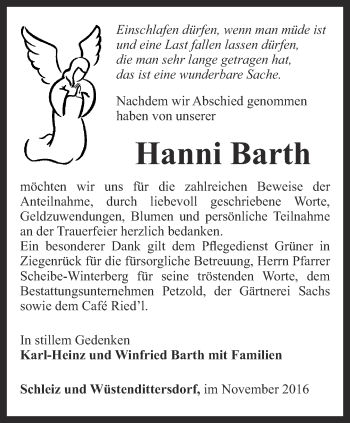 Traueranzeige von Hanni Barth von Ostthüringer Zeitung