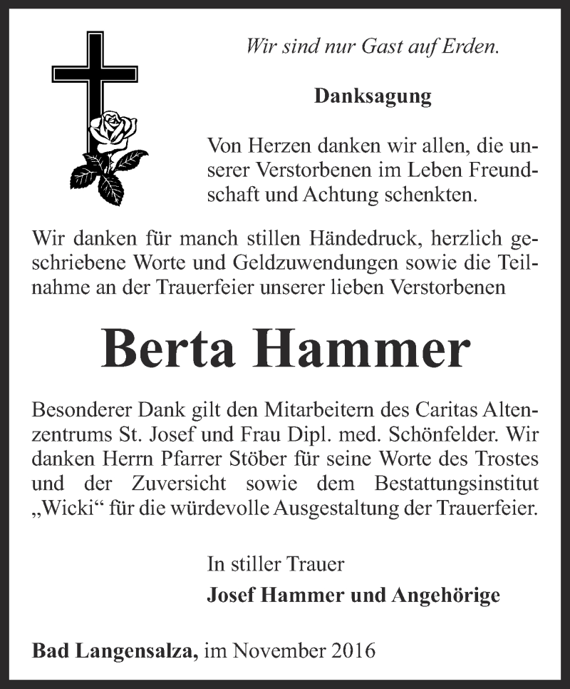  Traueranzeige für Berta Hammer vom 04.11.2016 aus Thüringer Allgemeine, Thüringische Landeszeitung