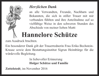Traueranzeige von Hannelore Schütze von Thüringer Allgemeine, Thüringische Landeszeitung