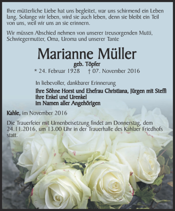 Traueranzeige von Marianne Müller von Ostthüringer Zeitung, Thüringische Landeszeitung