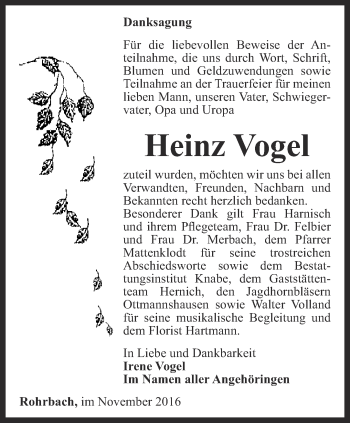 Traueranzeige von Heinz Vogel von Thüringer Allgemeine, Thüringische Landeszeitung