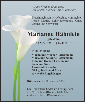 Traueranzeige von Marianne Hähnlein von Ostthüringer Zeitung, Thüringische Landeszeitung