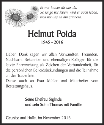 Traueranzeige von Helmut Poida von Ostthüringer Zeitung, Thüringische Landeszeitung