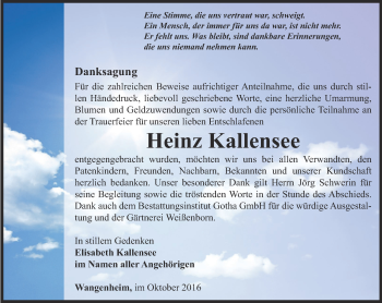 Traueranzeige von Heinz Kallensee von Ostthüringer Zeitung, Thüringische Landeszeitung