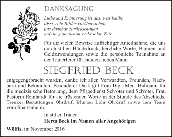 Traueranzeige von Siegfried Beck von Ostthüringer Zeitung, Thüringische Landeszeitung