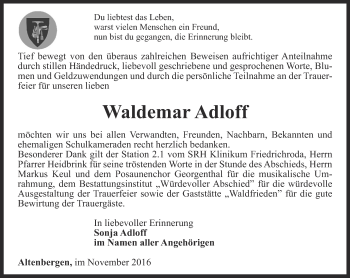 Traueranzeige von Waldemar Adloff von Ostthüringer Zeitung, Thüringische Landeszeitung