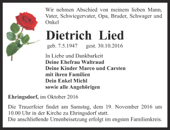 Traueranzeige von Dietrich Lied von Thüringer Allgemeine, Thüringische Landeszeitung