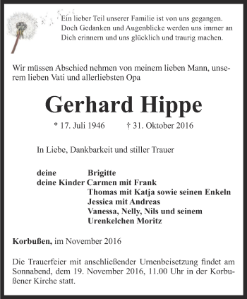 Traueranzeige von Gerhard Hippe von Ostthüringer Zeitung