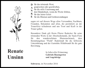 Traueranzeige von Renate Unsinn von Ostthüringer Zeitung