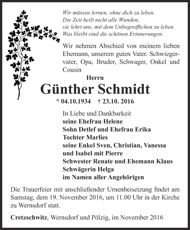  Traueranzeige für Günther Schmidt vom 05.11.2016 aus Ostthüringer Zeitung