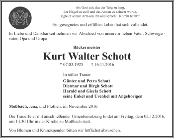 Traueranzeige von Kurt Walter Schott von Ostthüringer Zeitung