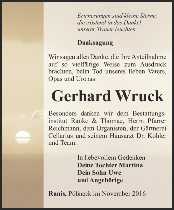 Traueranzeige von Gerhard Wruck von Ostthüringer Zeitung