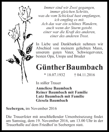 Traueranzeige von Günther Baumbach von Ostthüringer Zeitung, Thüringische Landeszeitung