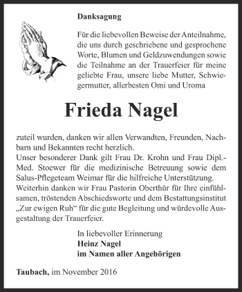 Traueranzeige von Frieda Nagel von Thüringer Allgemeine, Thüringische Landeszeitung