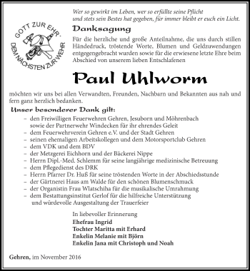 Traueranzeige von Paul Uhlworm von Thüringer Allgemeine