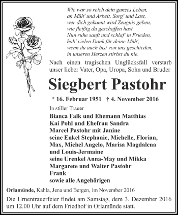 Traueranzeige von Siegbert Pastohr von Ostthüringer Zeitung, Thüringische Landeszeitung